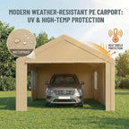 COBIZI 12x20 FT Heavy Duty Carport with Galvanized Frame, Carport Canopy with Roll-up Windows, Storage Tent with Removable Sidewalls & Doors, Built-in Sandbags for Car Boat Truck, Khaki