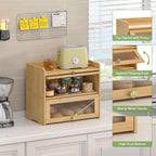 Large Bread Box for Kitchen Countertop Wooden Double Layer Breadbox Organizer with Window Vintage Farmhouse Bread Storage Container for Homemade Bread (Natural Bamboo)