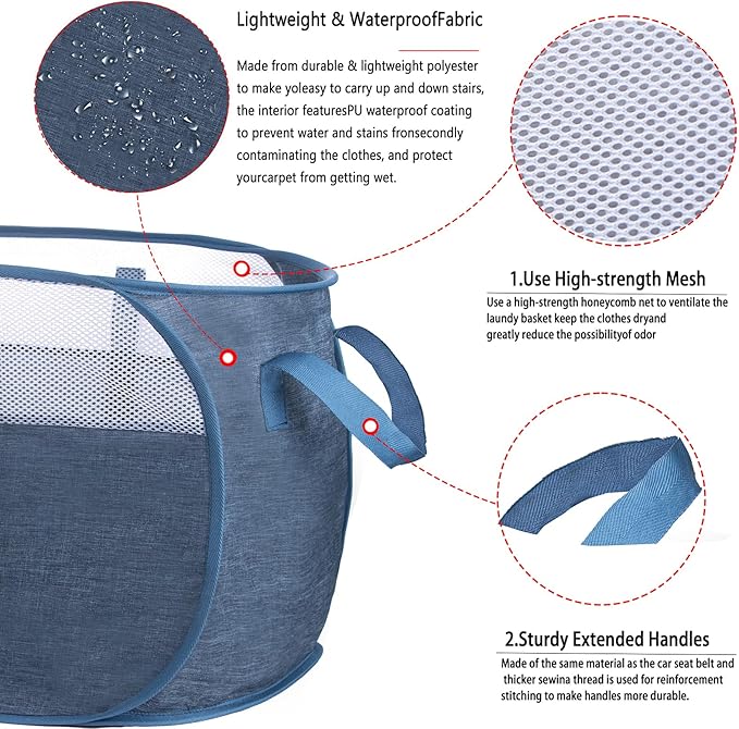 Pop-Up Laundry Basket，collapsible Mesh Laundry Hamper– With Extended Shoulder Straps, Sturdy Handles, and Premium Cationic Fabric (blue)…