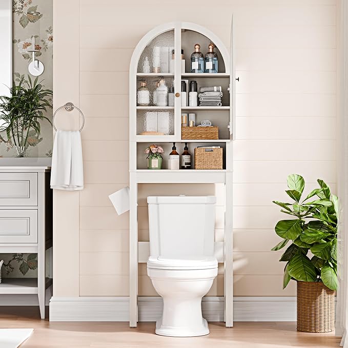 Over The Toilet Storage Cabinet, 23.7”W Modern Storage Cabinet Over Toilet with Acrylic Doors, Arched Freestanding Over Toilet Rack with Adjustable Shelf for Bathroom, White