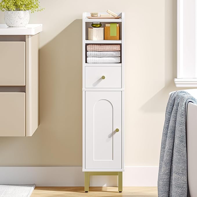 Bathroom Storage Cabinet, Corner Floor Cabinet with Drawers and Doors, Narrow Toilet Paper Holder, Bathroom Organizer with Adjustable Shelf, for Small Spaces, White BC19803GV1