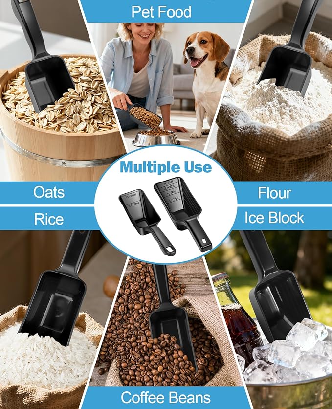 2-Pack Dog Food Scoop Set,1 Cup and 2 Cup Plastic Pet Food Measuring Scoops with Clear Measurement Lines,Multi-Purpose Pet Food Scooper for Dogs, Cats (Black)