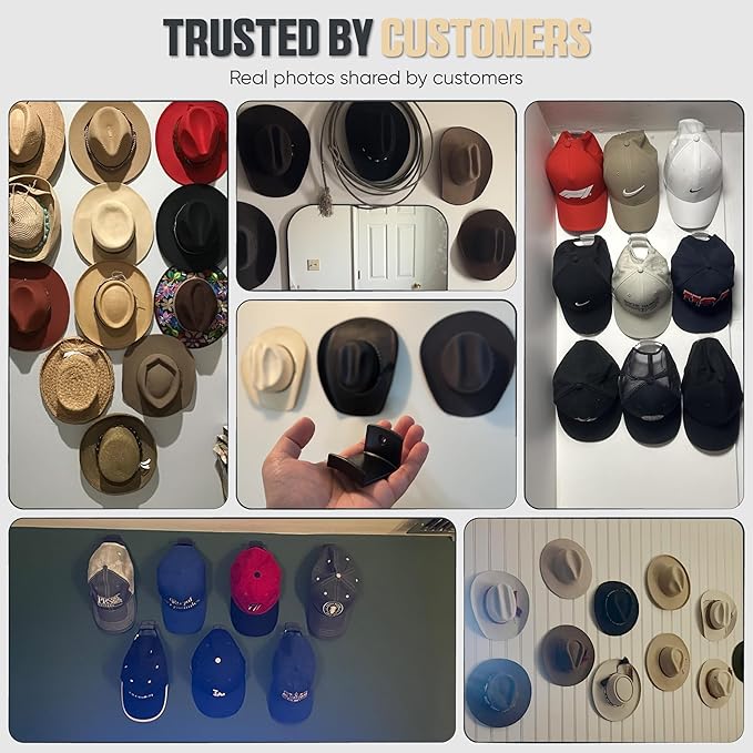 Modern JP Adhesive Hat Hooks for Wall (12-Pack) - Cowboy Hat Rack, Wide Brim Hat Organizer, Strong Hold Hat Hangers for Wall - Clear