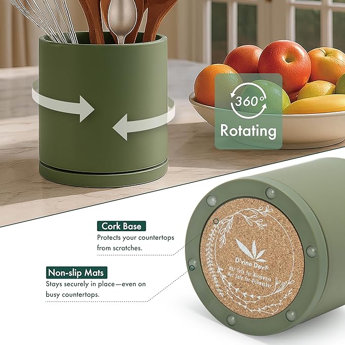D'vine Dev 360° Rotating Utensil Holder – 7.2" Kitchen Utensil Crock for Countertop, Modern Cooking Tool Organizer for Kitchen Storage & Décor, Olive, 72-X-C-2