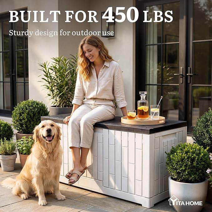 YITAHOME 120 Gallon Large Deck Box, Resin Outdoor Storage Box w/Lockable Black Lid for Outdoor Pillows, Garden Tools and Pool Supplies, Waterproof, Lockable, Grayish-White