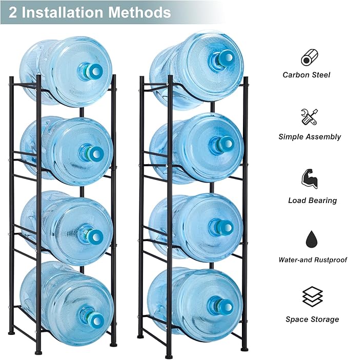 MOOACE 4-Tier Water Jug Rack, 5 Gallon Detachable Water Bottle Holder Organizer Storage Rack, Black