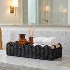 Black Paper Rope Scalloped Basket with Wooden Handles, Modern Bathroom Counter Organizer Basket for Vanity, Toilet Tank Top, Shelves & Coffee Table – 14" x 6.3" x 3.9"