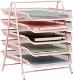 Mind Reader 5-Tier Paper Tray Organizer, Vertical Desktop File Storage Rack, Office, Metal Mesh, Pink