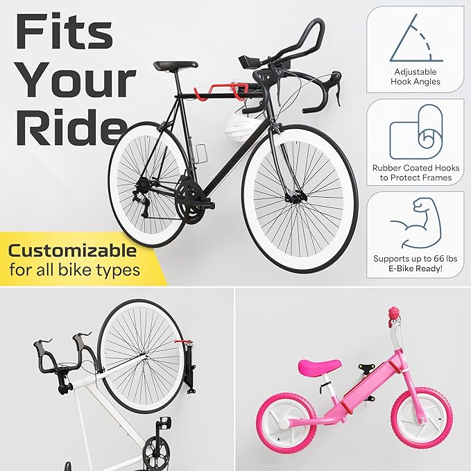 2 Pack Wall Mount Bike Rack Garage - Mountain Bike Wall Mount Horizontal Vertical Design with 66lbs Cap, Screws, Installation Manual - Secure Road Cycling Holder Storage, Bicycle Hanger for Home