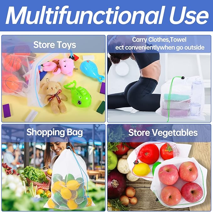 20 Pack Reusable Produce Bags,See-Through Mesh Produce Bags With Drawstring,Washable Toy Storage Mesh Bags for Playroom Organization,Mesh Storage Toy Bags for Storage Toy Fruits Vegetables,3 Sizes