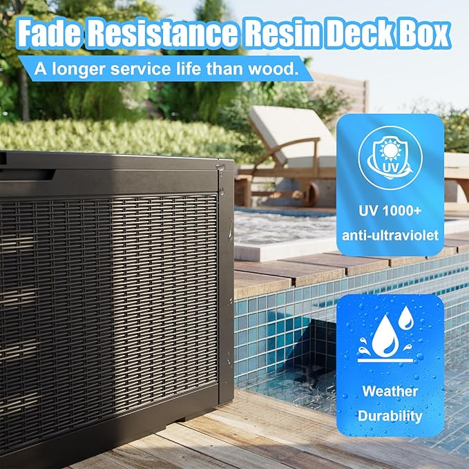 ROJIK Outdoor Storage Housing Deck Box - Waterproof Patio Furniture, Garden Tools, Cushions, Pool Accessories Storage Bench with Lockable Lid and Side Handles (Black 110 Gal)
