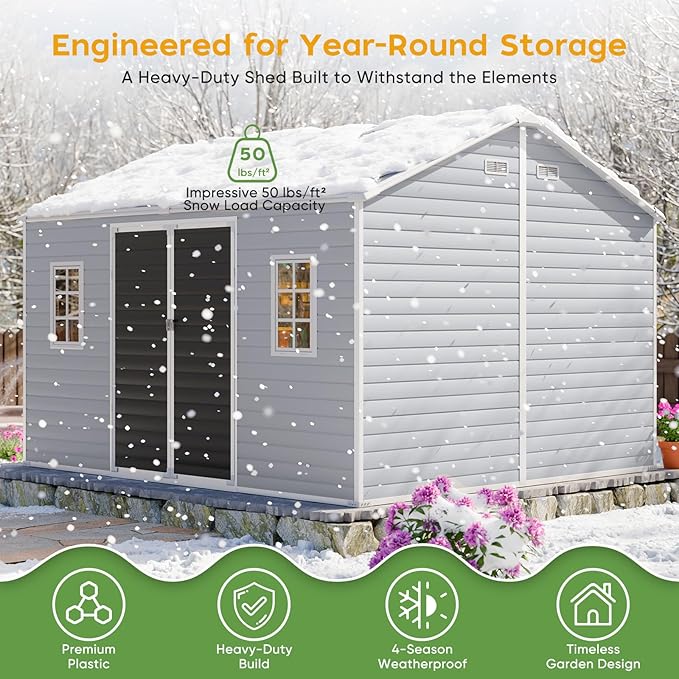 10x12 FT Large Resin Plastic Shed with Floor, Heavy-Duty 21-Gauge Reinforced Steel Frame, 16mm Ultra-Thick Panels, Estate-Size Storage Sheds with 2 Awning Windows for Tractors & Patio Furniture