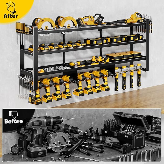 49" W Large Power Tool Organizer Wall Mount, 4 Layer Heavy Duty Loads 800 lbs, Tool Storage Rack Holds 12 Cordless Drills, Large Capacity Battery Holder for Garage, Gift for Men
