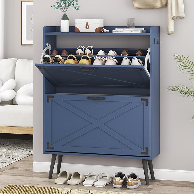 Shoe Cabinet with 2 Flip Drawers, Farmhouse Hidden Shoe Storage Cabinets, Narrow Wooden Shoes Organizer for Entryway, Slim Freestanding Shoe Rack Cabinet for Front Door Entrance, Blue