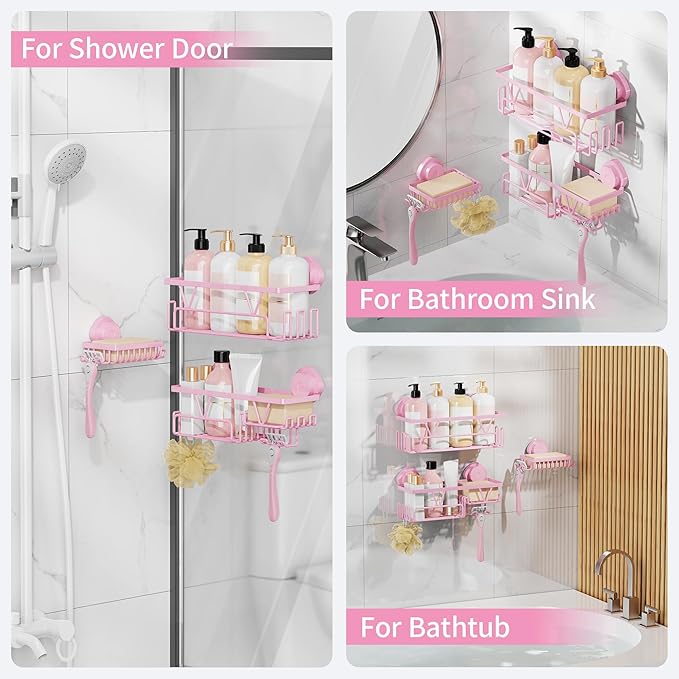 KEGII Suction Cup Shower Caddy – 3 Pack Suction Cup Shelf with Soap Holder & Hooks, Rustproof Stainless Steel Shower Organizer Rack, Removable No Drilling Bathroom Storage Rack, Pink