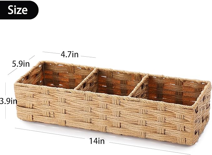 Toilet Tank Topper Paper Basket Multiuse Hand Woven Plastic Wicker Basket Bins with Divider for Shelves Rustic Farmhouse Bathroom Decor Countertop Light yellow
