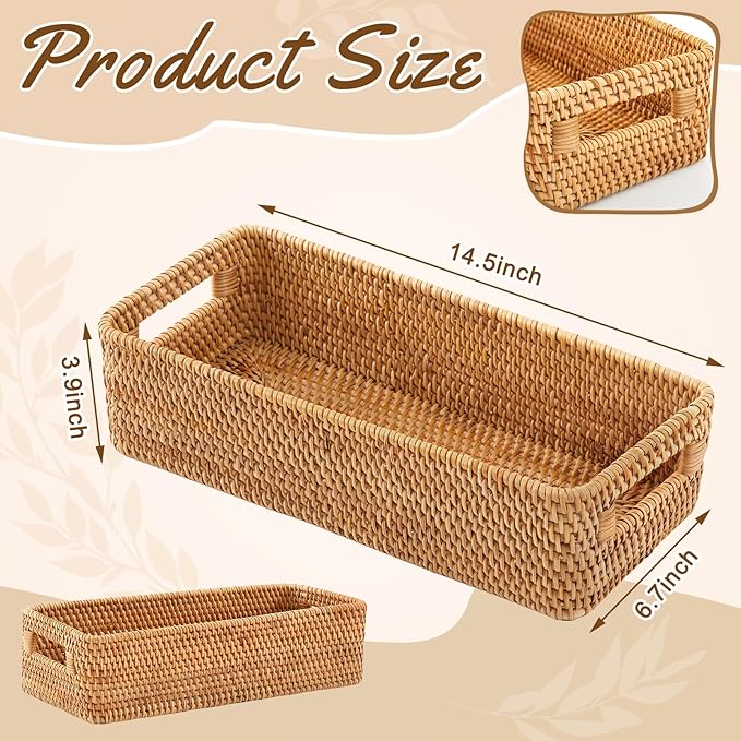 Toilet Tank Top Storage Basket, Narrow Rattan Bathroom Organizer with Handles, Wicker Toilet Paper Holder Basket Fits Most Standard Tanks (14.6" L x 6.7" L x 3.9" h)