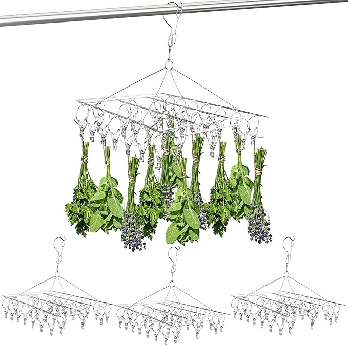 4 Pcs Hanging Drying Rack,Stainless Steel Herb Drying Rack with 30 Stainless Clips,Collapsible Swivel Drying Rack Windproof Hook for Drying Herb Air Plants,Flowers,Towel,Bras,Lingerie, Sock