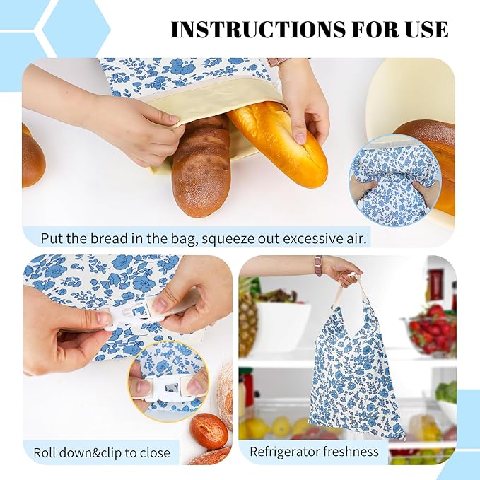 Beeswax Bread Bags - 17x13 Inch Reusable Bread Storage Bags,Bees Wax Lined Bread Bags for Home Cooks fresh bread storage Easy Clean (Blue-Floral-1PCS)