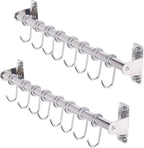 Dseap Kitchen Hooks for Hanging Utensils, Hanging Pot Rack, Kitchen Utensil Hanger Rail with 8 Hooks for Pots Pans, Spoons, Mugs, Wall Mounted, Stainless Steel, Chromed, Pack of 2
