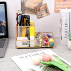 Desk Organizer with 3-Compartments,Glass Small Desk Organizer for Pens Pencils Business Cards Sticky Notes Paper Clips,Gold Stylish Pen Holder for Desk Home Office Decor