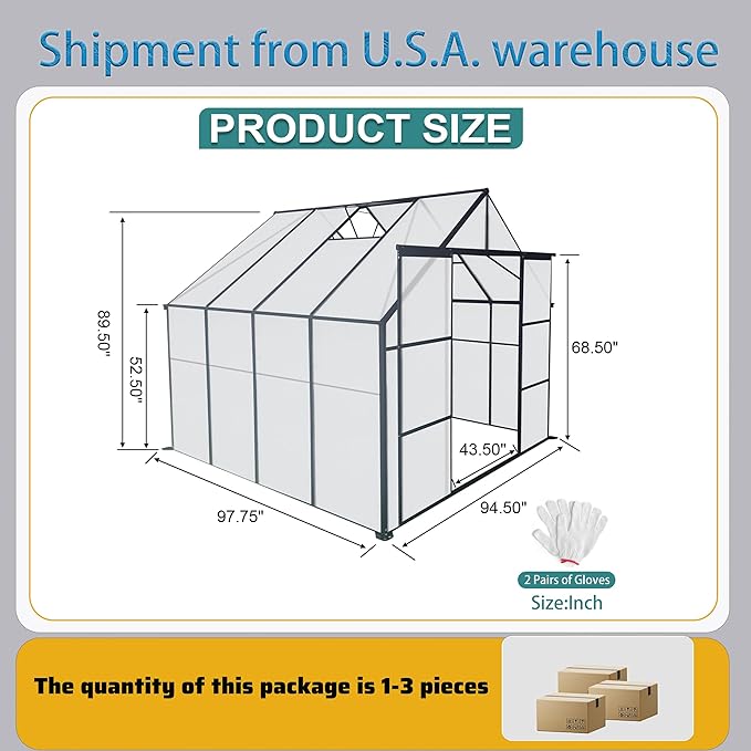 8X8 FT Outdoor Greenhouse, Greenhouse Polycarbonate with Roof Vent, Sliding Lockable Door, Aluminum Walk-in Greenhouses for Outdoor Garden Backyard, Terrace, Lawn，Black