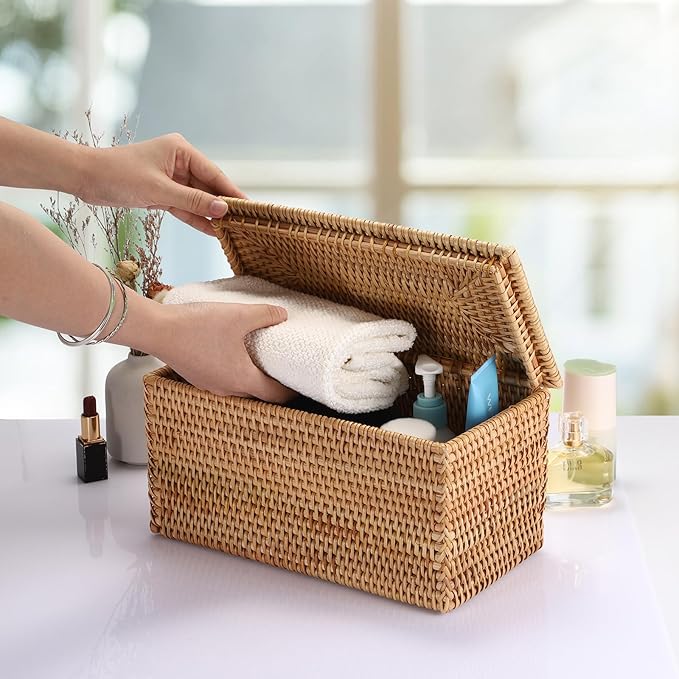 Hipiwe Rattan Basket Box with Lid Toilet Roll Storage Baskets Bin Handwoven Wicker Basket Box Bathroom Toilet Paper Holder Rectangular Baskets Bin for Shelf Home Decor, 11.8"Lx6.2"Wx6.1"H
