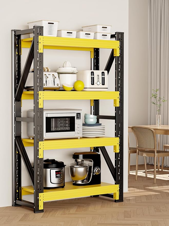 4-Tier Storage Shelves,79" H Heavy-Duty Garage Shelving Unit,Adjustable Industrial Metal Shelf System,4,000lbs Capacity,Tool Organizer for Garage,Workshop,48" W*24" D*79" H,Black&Yellow