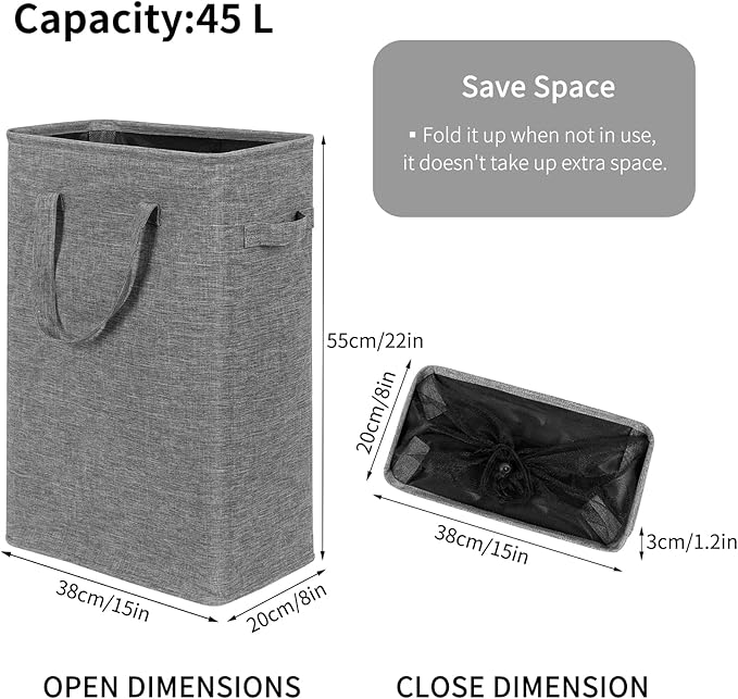 Chrislley 45L Slim Laundry Hamper Narrow Laundry Basket with Handle Foldable Dirty Clothes Portable Skinny Hamper Organizer Storage Bins (22 inches, Upgrade Grey)