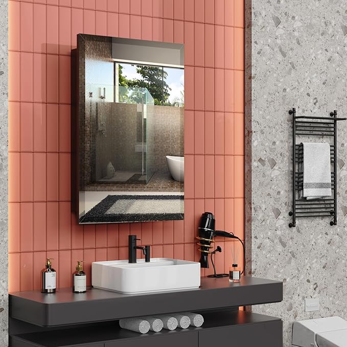 16 x 24 Inch Recessed Medicine Cabinet with Beveled Mirror, Bathroom Metal Mirror Medicine Cabinet with Adjustable Shelves, Wall Mounted Black Medicine Cabinets for Bathroom Storage Modern House