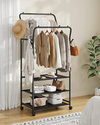 Clothes Racks for Hanging Clothes, Rolling Garment Rack, Clothing Rack with Wheels and Hooks, Double Rod Clothes Rack with Shelves, for Bedroom, Living Room, Laundry Room Black TYM07BB