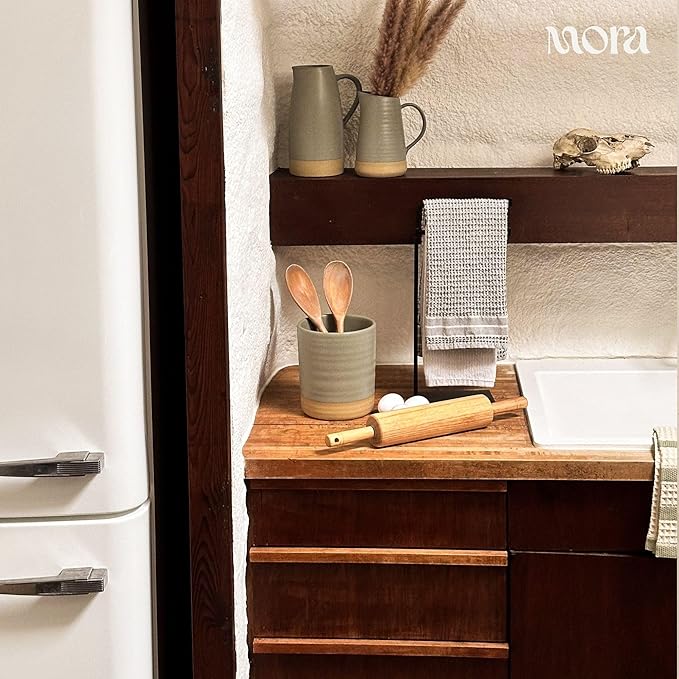 Mora Ceramic Kitchen Utensil Holder - Wooden Spoon & Spatula Crock for Countertop, Modern Farmhouse Home Decor, Extra Large 7.3" Organizer for Stove Top and Counter - Heavy & Sturdy - Peppercorn