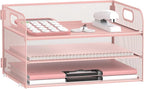 SUPEASY 3 Tier Paper Organizer with Handle, Mesh Desk Organizer Letter Tray, A4 File Folder Paper Tray, Pink
