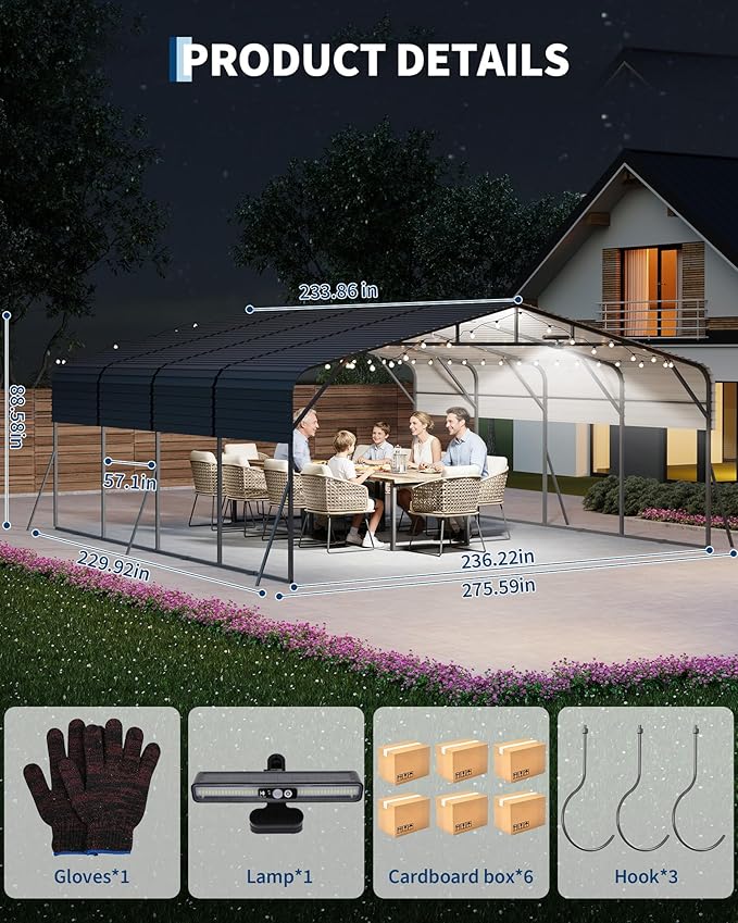 20x20FT Heavy Duty Metal Carport for 2 Cars, Outdoor Portable Car Garage w/Led Light,Reinforced Base and Galvanized Steel Roof, Outdoor Car Port Canopy Shelter for Boats, Full-Sized Pickup Trucks