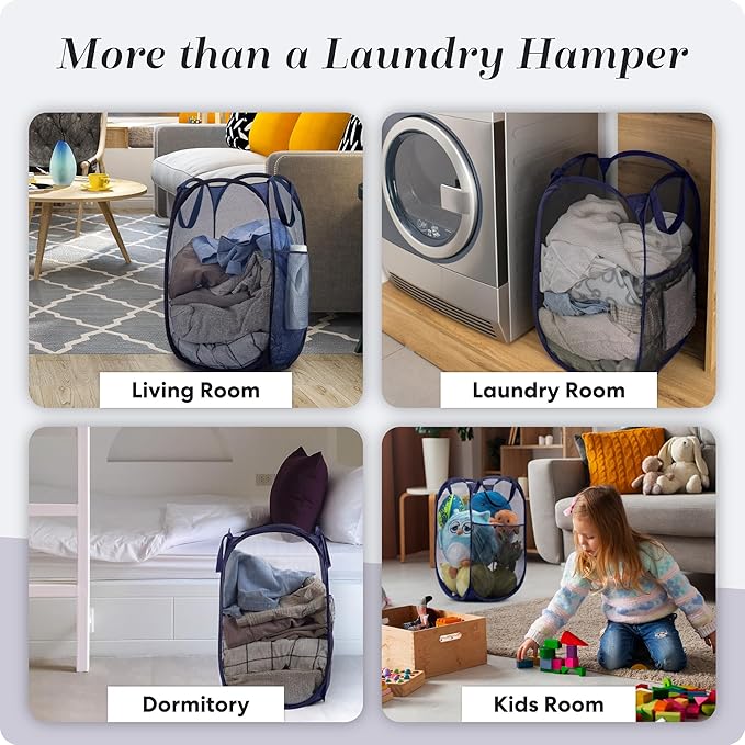 Handy Laundry Collapsible Mesh Pop Up Laundry Hamper 2-Pack – Large Foldable Laundry Basket with Side Pocket, Breathable & Durable, Space-Saving for Clothes, Toys, Travel, Dorm, Bedroom, Blue