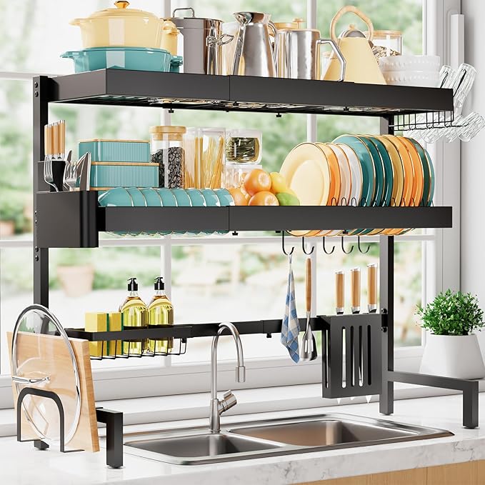 Over The Sink Dish Drying Rack, Expandable 3-Tier Stainless Steel Kitchen Storage Organization Accessories for Countertop, Rustproof & Space-Saving, 31.5"–39.5" L x 12" W x 33" H, Black