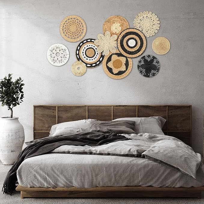 Tatuo 11 Pcs Boho Wall Basket Decor Decorative Bulrush Woven Basket Wall Decor Art Round Farmhouse Hanging Baskets for Kitchen Rustic Home Summer Decorations, Multi Sizes(Retro)