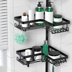 Tension Pole Shower Caddy Corner with 2 Soap Holders, 4 Tier Bathroom Shower Organizer Floor to Ceiling 25-114 inch, Adjustable, Multiple Hooks, Stable Base, Rustproof, Black