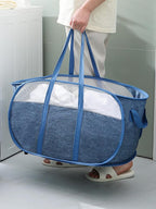 Pop-Up Laundry Basket，collapsible Mesh Laundry Hamper– With Extended Shoulder Straps, Sturdy Handles, and Premium Cationic Fabric (blue)…