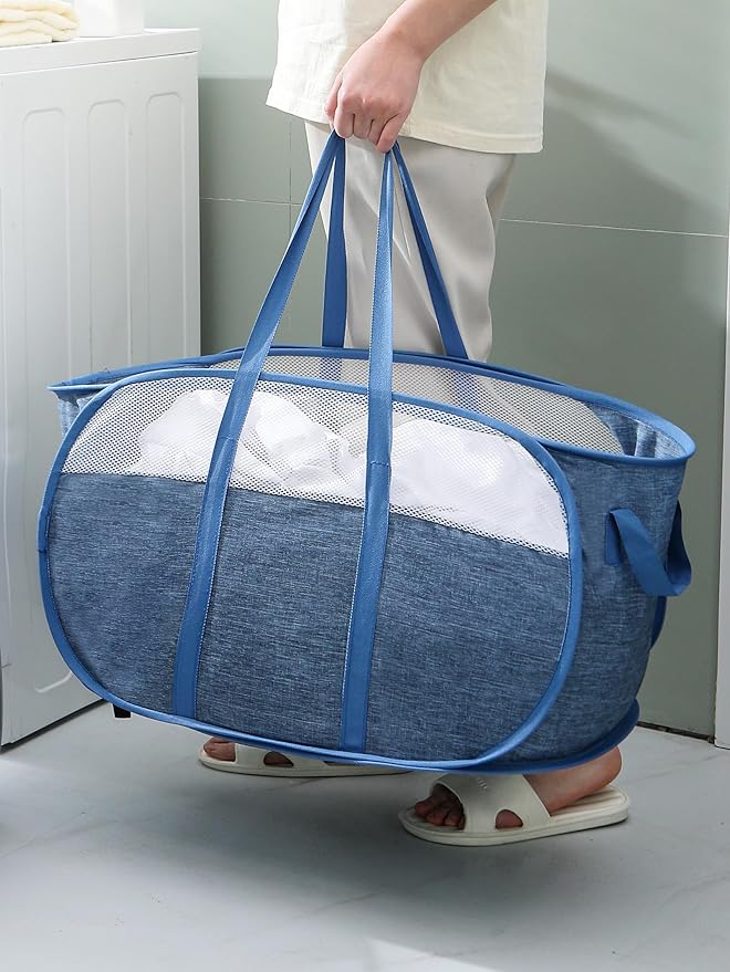 Pop-Up Laundry Basket，collapsible Mesh Laundry Hamper– With Extended Shoulder Straps, Sturdy Handles, and Premium Cationic Fabric (blue)…