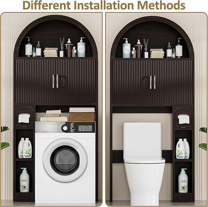 Over The Toilet Storage Cabinet, Bathroom Organizer Over Toilet, Arched Storage Organizer Cabinet with Anti-Tip Device and Adjustable Shelf for Washroom Laundry and Restroom, Espresso