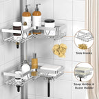 KEGII SUS304 Corner Shower Organizer, Stainless Steel Tension Pole Corner Bathroom Caddy, No Drilling Required Adjustable Shower Shelf for Inside Showers, Silver