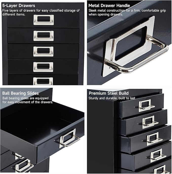 Office Storage Cabinet - File Cabinet Mini 5 Tier Metal File Organizer Document Organizer, for Home, Office, Desk (Black)