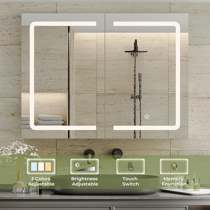 DICTAC Medicine Cabinet with Mirrors and Storage 31.5''x23.6'' Wall Mounted Bathroom Mirror Cabinets with Led Lights Double Doors Mirror Lighted Medicine Cabinets with Adjustable Storage Shelf,White