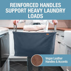 CleverMade Collapsible Laundry Basket LUXE 2 Pack – 60 L (16 Gal) Foldable Cotton Blend Clothes Hamper with Vegan Leather Accents, Reinforced Handles, Space Saving Laundry Bin Holds 55 lbs - Navy