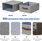 Closet Drawer Organizer Stackable Fabric Storage Boxes Bins Baskets with Lid PU Leather Handles Foldable Washable Cotton Linen Wardrobe Shelf Clothes Towels Container (Gray, Large)