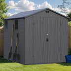Greesum 6x8FT Plastic Outdoor Storage Shed with Floor, Resin Sheds with Lockable Double Door, Tool Sheds with Window and Vents, for Garden, Backyard, Patio, Dark Gray