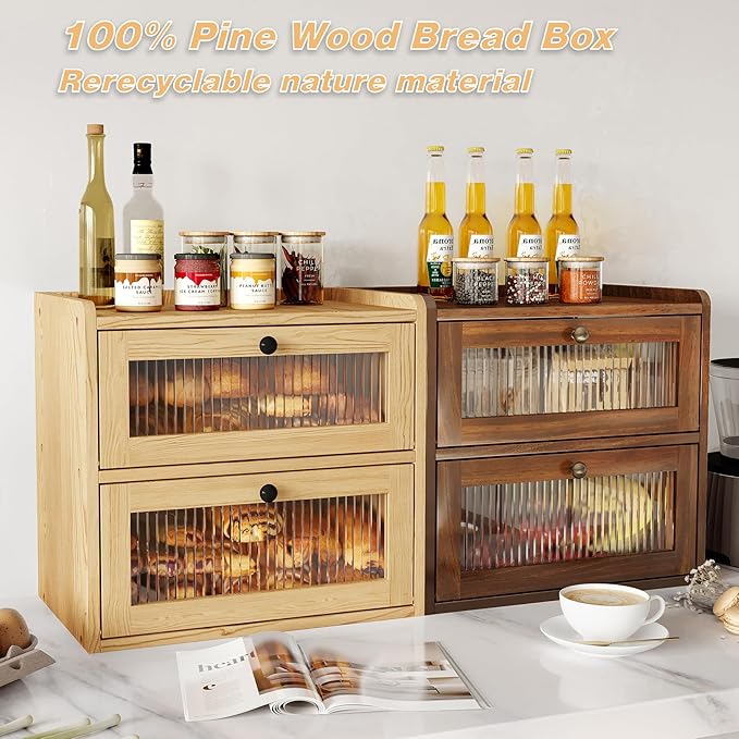 Double Layer Large Bread Box for Kitchen Counter, Wooden Corner Bread Storage Container with Acrylic Window, Retro Brown