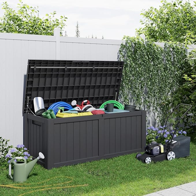 150 Gallon Outdoor Deck Box,Waterproof Resin Outdoor Storage Boxes, Outside Storage Lockable Container for Garden Tools,Indooor Cushions,Accessories (Black)