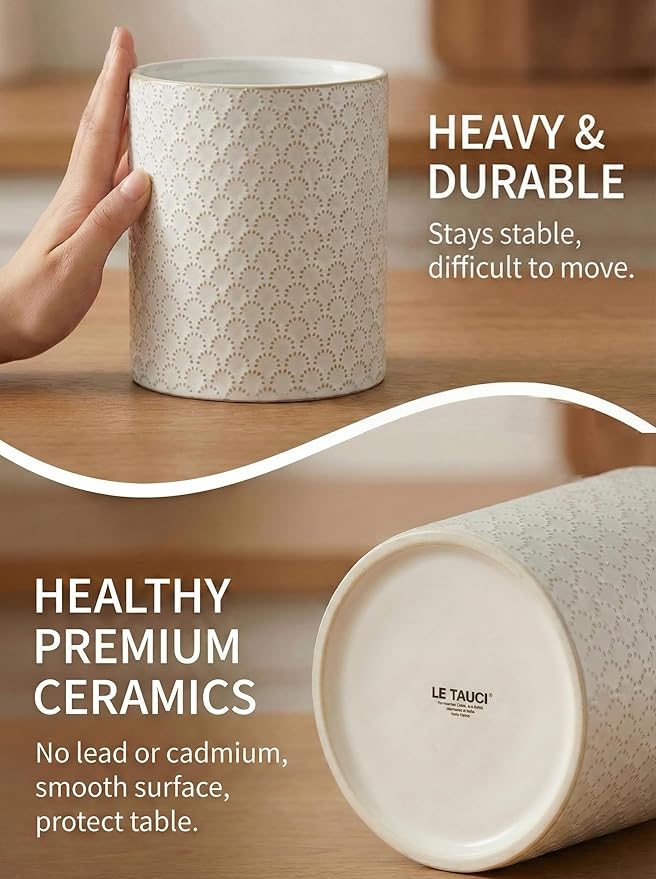 LE TAUCI Utensil Holder, 7.1" Ceramic Kitchen Utensil Holder for Counter top, Embossed Cooking Utensil Organizer for Spatula & Spoon, Kitchen Decor, Set of 1, Arctic White,Fireworks